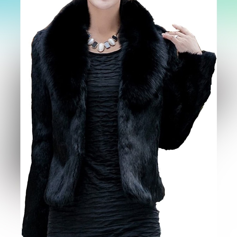 Helan Women's Short Slim Faux Fox Collar and Faux Rabbit Fur Coat
